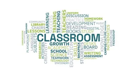 Classroom Word Cloud Concept Illustration with Education and School Related.. Stock Illustration
