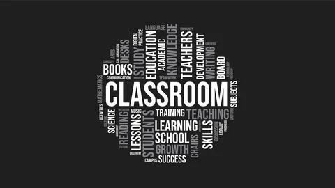 Classroom word cloud illustration with education and learning terms in circ.. Stock Illustration