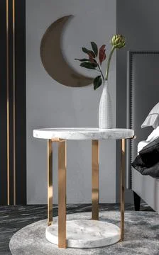 Classy round marble table with decorated flower vase. 3d rendering. Stock Illustration