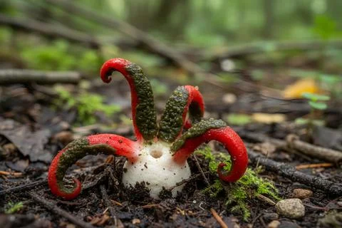 Clathrus-archeri-Unusual Devil's Fingers fungus growing in a forest environme Stock Photos