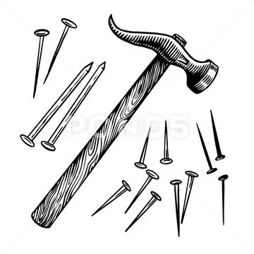 Claw hammer and nails for repair work. Universal Tool or instrument.  Vintage: Royalty Free #128127718