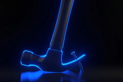Claw hammer pulling a nail out of a plank with glowing futuristic neon lights 스톡 일러스트