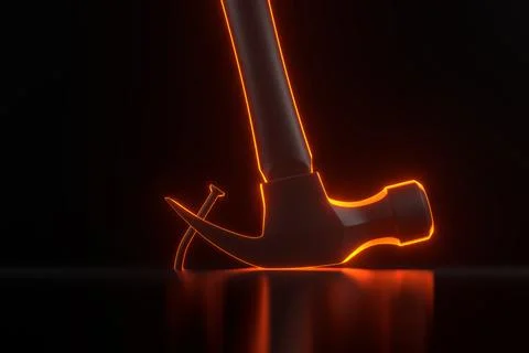 Claw hammer pulling a nail out of a plank with glowing futuristic neon lights Stock Illustration