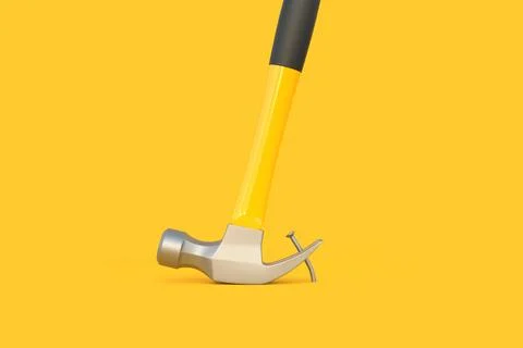 Claw hammer with yellow plastic handle pulling a nail out of a plank Stock Illustration
