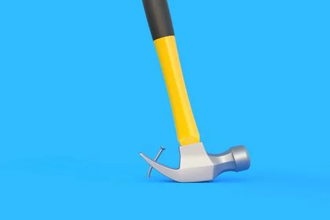 Claw hammer with yellow plastic handle pulling a nail out of a plank Illustrazione stock
