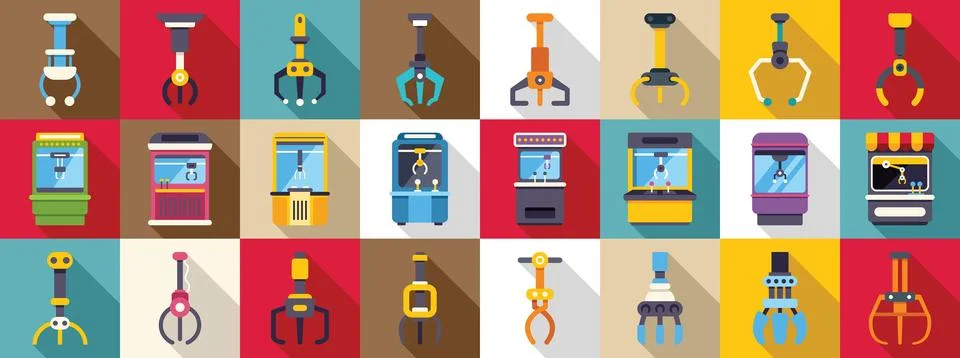 Claw machine game icons set. Various claw crane game machines and robotic arm Stock Illustration