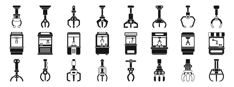 Claw machine game icons set. Different grabber machine manipulator catching t Stock Illustration