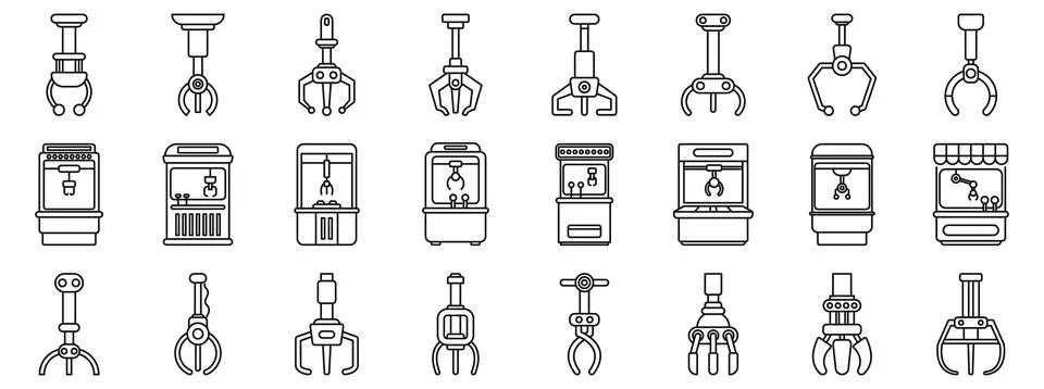 Claw machine game icons set. Collection of claw crane arcade game machines an Stock Illustration