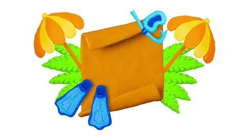 Clay banner for title with leaves, Diving mask and Parasols. Plasticine Summer Video stock 73282086