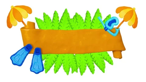Clay banner for title with leaves, Diving mask and Parasols. Plasticine Summer Stock Footage 73282087