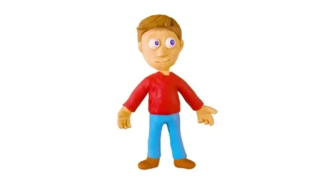 Clay Boy pointing Up, to the side and down.. Claymation. Alpha matte. 4K Video stock 75221986