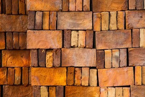 Clay Brick Wall Texture with Geometric Pattern, Terracotta Masonry Backgrou.. Stock Photos