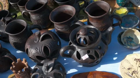 Clay decorations placed on a table. Stock Footage 283589707