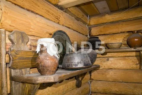 Clay dishes in museum of Zaporizhian Cossacks. Khortytsia, Zaporizhya, Ukrain Stock Photos