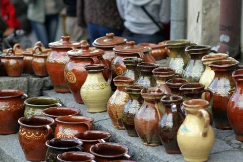 Clay dishes on a stall Stock Photos