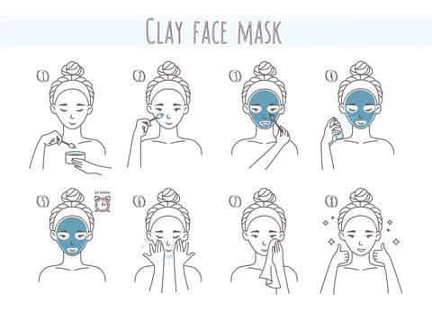 Clay face mask application and removal steps, vector illustration. Facial skin Stock Illustration