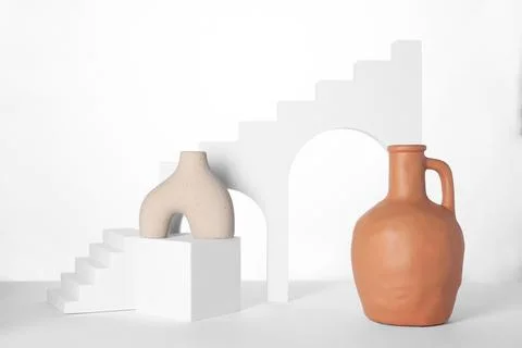 Clay flagon and decorative elements on white background 스톡 사진