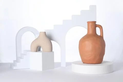 Clay flagon and decorative elements on white background Foto stock