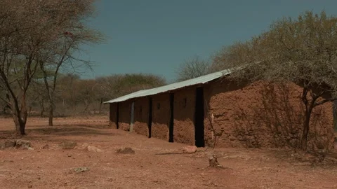 Clay house with small windows and doorless entrances in savannah. Clay and wood Vidéo 302882794