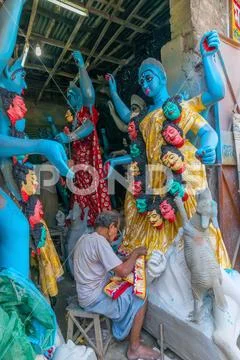 Clay idol of Goddess Kali being prepared Stock Photos