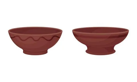 Clay Kitchenware and Ceramic Vessel with Deep Bowl Vector Set Stock Illustration