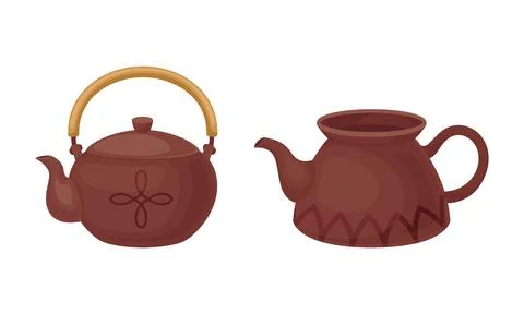 Clay Kitchenware and Ceramic Vessel with Tea Kettle Vector Set Stock Illustration