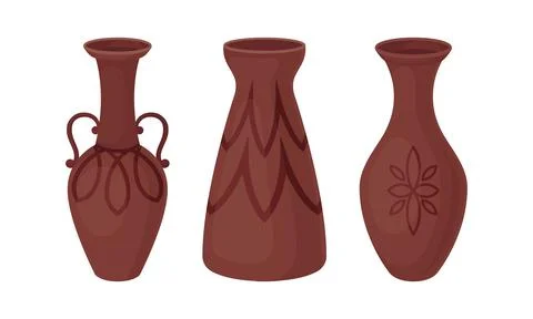 Clay Kitchenware and Ceramic Vessel with Tall Vase with Narrow Neck Vector Set Stock Illustration