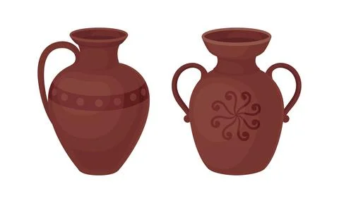 Clay Kitchenware and Ceramic Vessel with Tall Vase with Narrow Neck Vector Set 스톡 일러스트