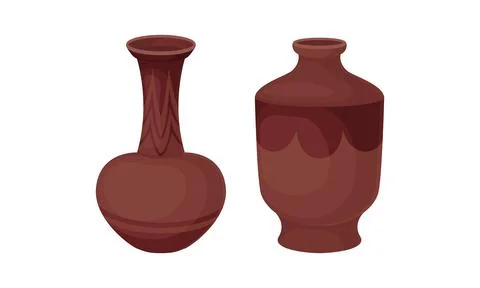 Clay Kitchenware and Ceramic Vessel with Tall Vase with Narrow Neck Vector Set Stock Illustration