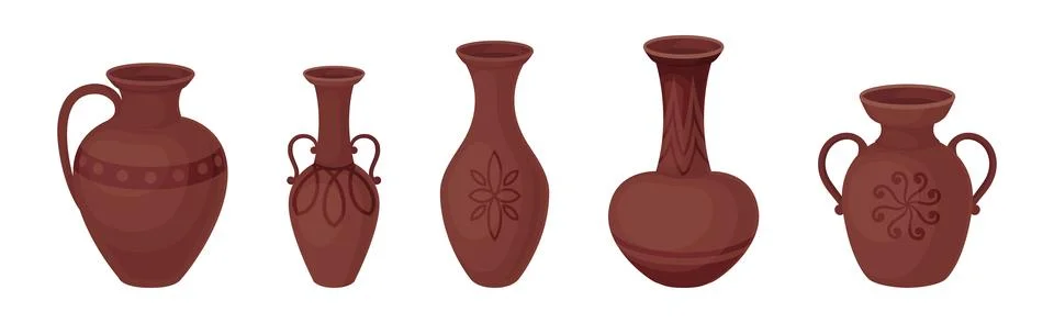 Clay Kitchenware and Ceramic Vessel Vector Set Stock Illustration