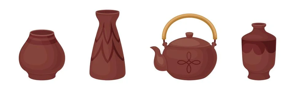 Clay Kitchenware and Ceramic Vessel Vector Set Stock Illustration