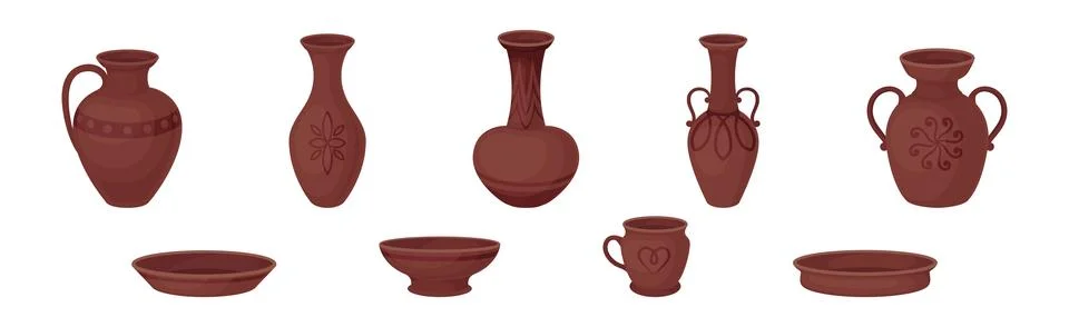 Clay Kitchenware and Ceramic Vessel Vector Set Stock Illustration