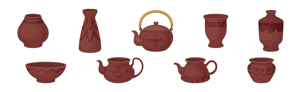 Clay Kitchenware and Ceramic Vessel Vector Set Stock Illustration