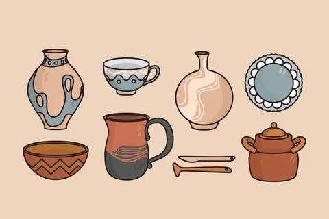 Clay kitchenware and tableware concept. Illustrazione stock