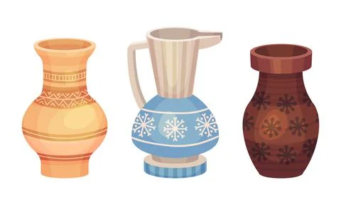 Clay kitchenware assortment set. Vintage ceramic vases vector illustration Illustrazione stock