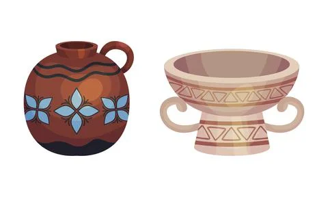 Clay kitchenware assortment set. Vintage ceramic vessels with ornaments vector Stock Illustration