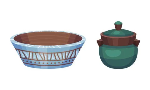 Clay kitchenware assortment set. Vintage ceramic bowl and pot vector Illustrazione stock