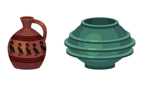 Clay kitchenware assortment set. Vuntage jug and vase ceramic vessels vector 스톡 일러스트