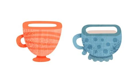 Clay Kitchenware Set, Ceramic Cups with Decorative Ornament Cartoon Vector Stock Illustration