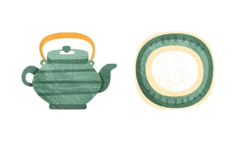 Clay Kitchenware Set, Ceramic Pottery with Decorative Ornament, Teapot and Plate Stock Illustration