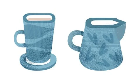 Clay Kitchenware Set, Ceramic Pottery with Decorative Ornament, Creamer and Mug Stock Illustration