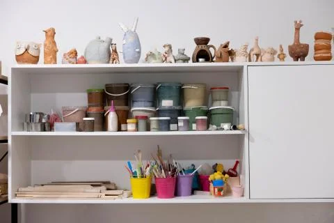 Clay modeling tools. A set of different tools in a clay modeling class with c Stock Photos