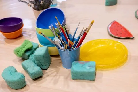 Clay modeling tools. A set of different tools in a clay modeling class with c Stock Photos