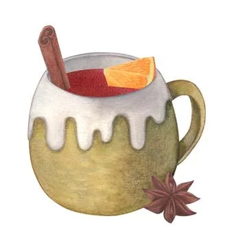 Clay mug with mulled wine. Orange, cinnamon and star anise. Watercolor Stock Illustration