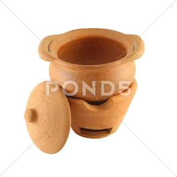Clay opened cover pot and stove pottery on white background. Stock Photos