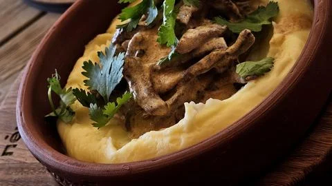 Clay Pot Beef Stew with Smooth Mashed Potatoes – Comfort Food Classic Stock Photos