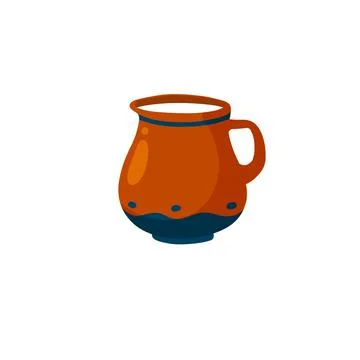 Clay pot. Earthenware jug of milk. Old Water bowl with a handle. Illustration