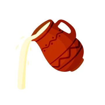 Clay pot. Earthenware jug pours milk. Bowl with handle. Illustration