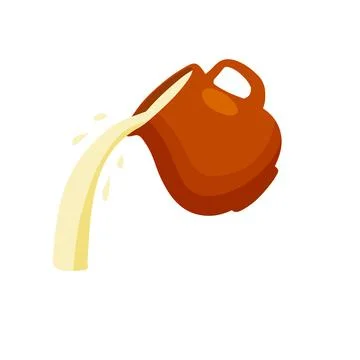 Clay pot. Earthenware jug pours milk. Bowl with handle Illustration