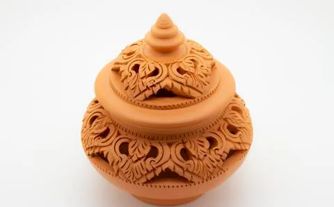 Clay pot with the native pattern on white background Stock Photos